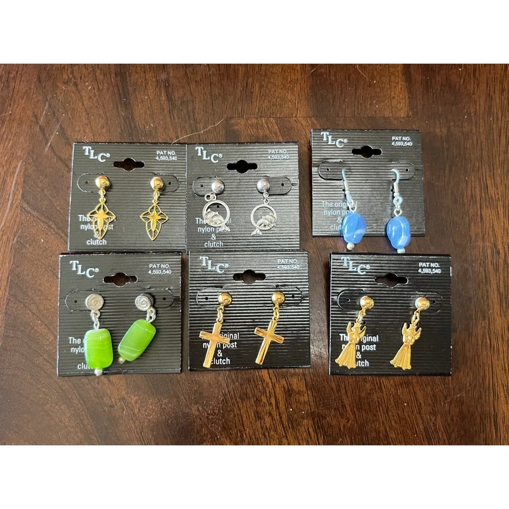 TLC Nylon Post Earring Lot 6 Pairs Hypoallergenic Cross Angel Dolphin Glass Bead
